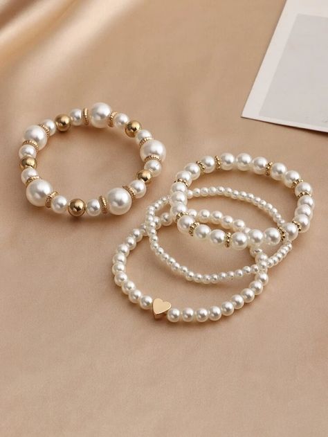 4pcs Faux Pearl Decor Bracelet | SHEIN USA Teen Jewelry, Beads Bracelet Design, Handmade Jewelry Tutorials, Jewelry Essentials, Elastic Bracelet, Hand Jewelry, Pearl Charms, Mens Jewelry Bracelet, Girls Jewelry