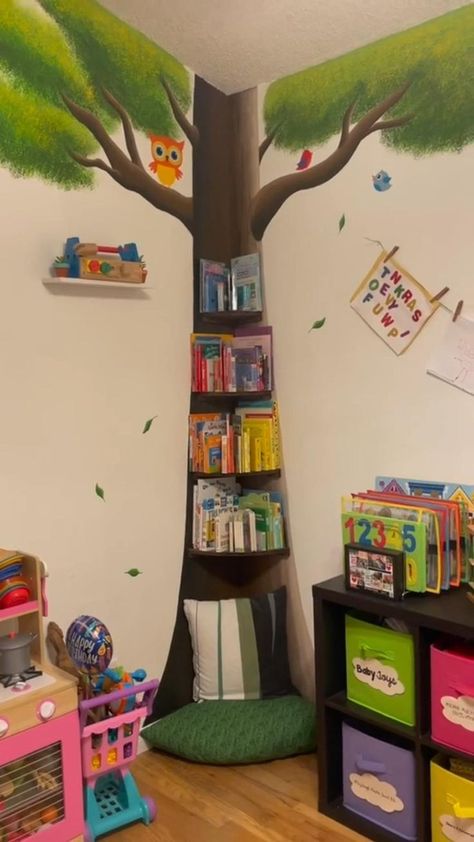 Corner Reading Nook | Daycare decor, Modern kids room, Daycare wall decor Daycare Decor, Daycare Design, Daycare Room, Preschool Classroom Decor, Tree Mural, Playroom Wall Decor, Home Daycare, Playroom Wall, Diy Crafts Room Decor