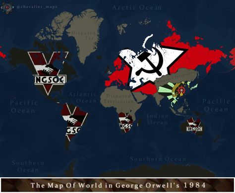 Map of World in George Orwell's 1984 - Brilliant Maps Map Of World, Cartography Map, Apocalypse Character, World Map Design, George Orwell 1984, Beloved Book, Alternate History, George Orwell, Literature Art