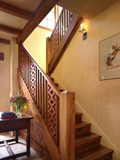 Inviting hacienda style retreat overlooking the Santa Lucia Preserve Wooden Handrails For Stairs, Wooden Staircase Railing, Mediterranean Staircase, سلالم حلزونية, Wooden Staircase Design, درابزين السلم, Modern Stair Railing, Staircase Railing Design, Handrail Design