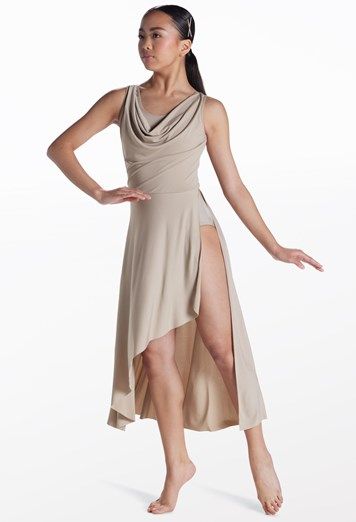 Elegant Cowl Neck Dance Dress | Weissman® Contemporary Dance Costumes Solo Pants, Contemporary Costume Ideas, White Contemporary Costume, Dance Costumes Lyrical Contemporary, Elegant Dance Costumes, Contemporary Ballet Costumes, Lyrical Costumes Solo, Dance Duet Costumes, Contemporary Outfits Dance