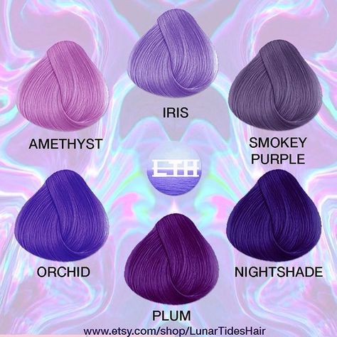 LUNAR TIDES (@lunartideshair) on Instagram: “All purple everything! 6 of our purple shades  Order 3 dyes and get $5 off! Use coupon code:…” Purple Hair Dye, Purple Shades, Lavender Hair, Hair Color Purple, Purple Iris, Pastel Hair, Hair Dye Colors, New Hair Colors, Hair Color Dark