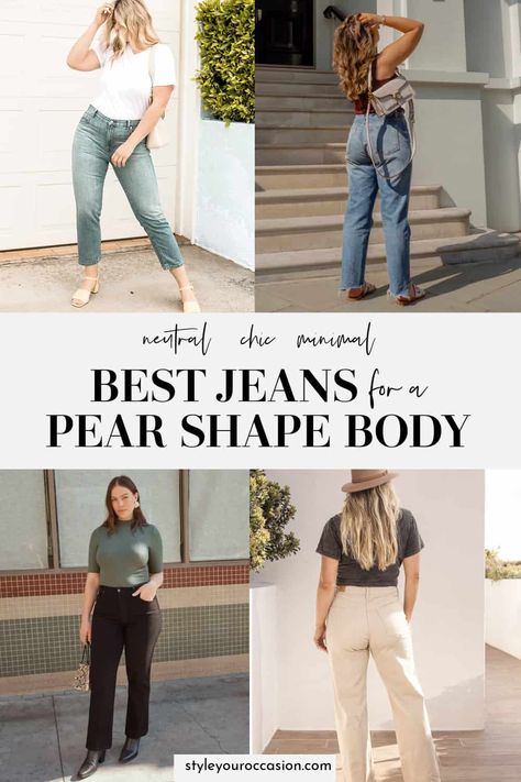 Do you have a pear shape body (plus size or standard)? Get inspiration for pear shaped outfits with jeans! Learn exactly which jeans are best for a pear figure and get casual ideas for spring, summer, and pear shaped body outfits aesthetic you'll love. Plus Size Summer Outfits Pear Shape, Wide Leg Jeans On Pear Shape, Style For Pear Shaped Women Outfits, Jeans For Petite Pear Shape, Outfit Inspiration Pear Shape, Pear Shaped Capsule Wardrobe Spring, Wide Leg Jeans For Pear Shape, Everyday Outfits Pear Shape, Clothes For Short Pear Shaped Women