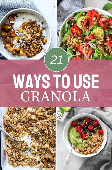 Do you love granola and want some inspiration on new ways to use it? Maybe you have a bag of granola in the pantry and you need some granola breakfast ideas? Here are 21 ideas for what to eat with granola, one of my favorite foods! What To Eat With Granola, Healthy Homemade Granola Recipe, Granola Snacks, Granola Recipe Healthy, Plant Based Recipes Breakfast, Health Women, Compote Recipe, Wellness Selfcare, Granola Breakfast