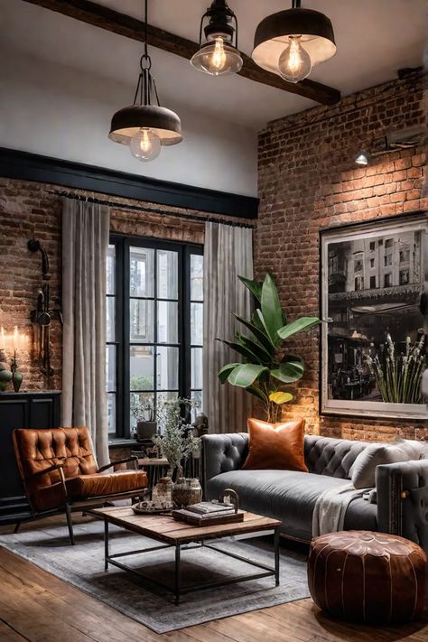 Industrial chic rustic living room with exposed brick Small Moody Living Room, Living Room With Exposed Brick, Brick Wall Living Room, Industrial Chic Interior, Brick Living Room, Wood Coffee Tables, Brick Interior, Living Room Essentials, Industrial Livingroom