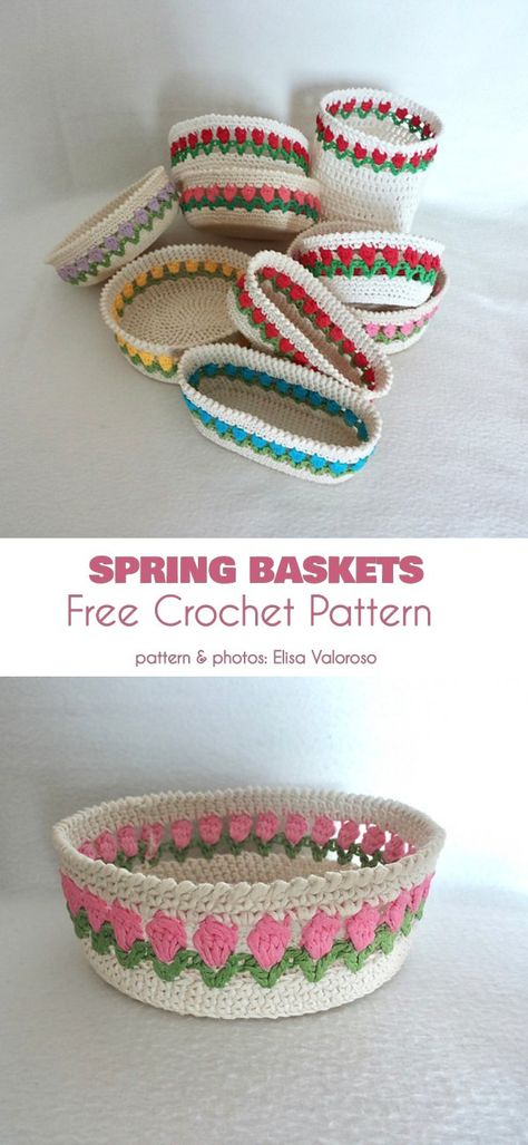 Spring Basket Free Crochet Pattern #crocheteaster #crochetbasketpattern Crochet Easter Basket Free Pattern, Crochet Storage Baskets Free, Crochet Easter Basket Pattern, Spring Baskets, Easter Basket Pattern, Crocheted Baskets, Crochet Easter Basket, Tote Crochet, Crochet Basket Pattern Free