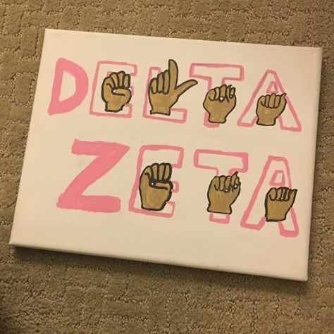 Delta Zeta Sign Language Canvas Delta Zeta Letters Painted, Delta Zeta Painting, Delta Zeta Canvas, Delta Zeta Letters, Delta Zeta Crafts, Sorority Stickers, Big Lil, Sorority Canvas, Big Little Reveal