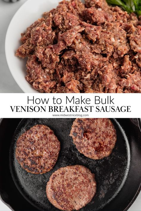 Learn how to make bulk venison breakfast sausage so you’ll never want to buy the store-bought stuff again! Made with fresh deer meat, pork trimmings, and delicious seasoning, it’s perfect for sandwiches, tacos, and more! Hunting Meals Camping Foods, Deer Breakfast Sausage Recipe, Venison Breakfast Sausage, Venison Dishes, Venison Sausage Recipes, Breakfast Sausage Seasoning, Sandwiches Breakfast, Venison Sausage, Frugal Kitchen