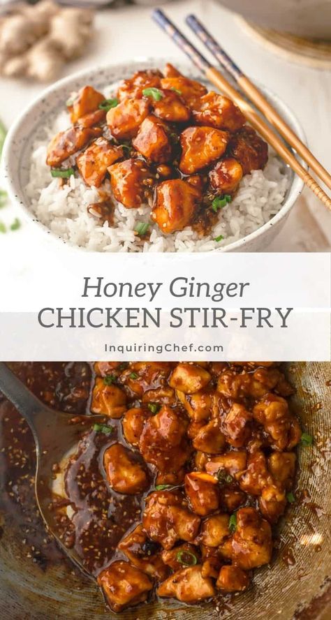 Honey Ginger Chicken Stir-Fry Ginger Chicken Stir Fry, Honey Ginger Chicken, Ginger Chicken Recipes, Sticky Sauce, Dinner Rotation, Stir Fry Recipes Chicken, Honey Ginger, Ginger Chicken, Ginger Recipes