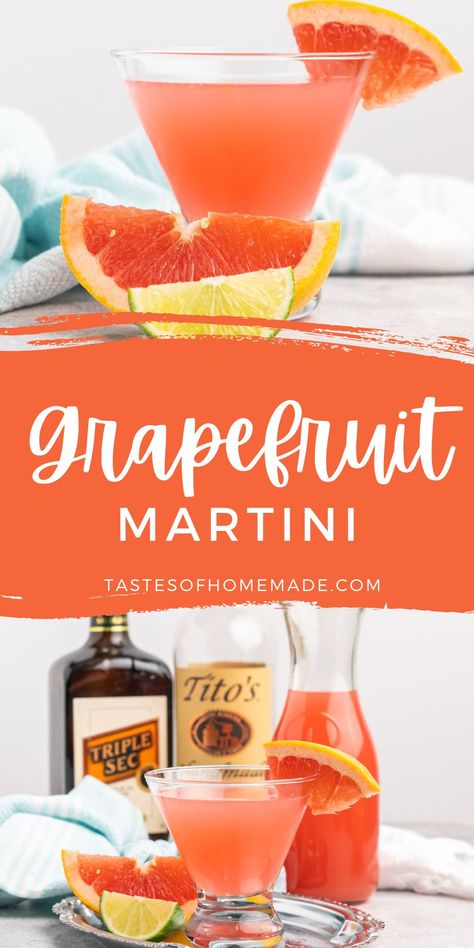 The grapefruit martini is a flavourful citrus cocktail made with a blend of grapefruit juice, vodka, orange liqueur, and lime juice. This martini is perfect for those who love bold flavours that are tart, with just a touch of sweetness. Summer Martini Recipes, Grapefruit Juice Cocktail, Mom Drinks, Grapefruit Cocktail Recipes, Grapefruit Martini, Vodka Orange, Citrus Cocktail, Grapefruit Vodka, Grapefruit Cocktail