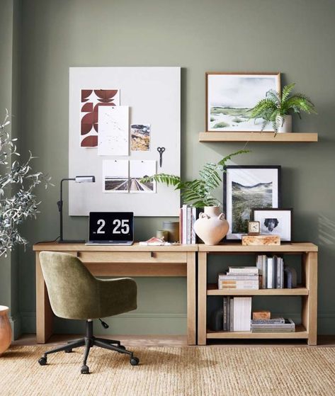 Earthy Greens Office With Printer Setup, Desk With Credenza Home Office, Shea Mcgee Home Office, White And Oak Office, Desk For Working From Home, Living Room Desk Decor, Home Office Desk With Storage, Earthy Home Office Ideas, Windowless Office Ideas