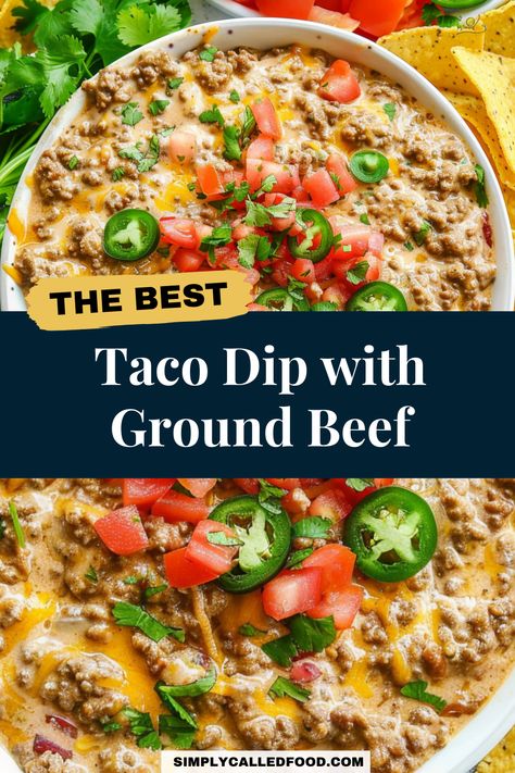 Taco dip with ground beef recipe is the ultimate crowd-pleaser. This easy and hearty dip is perfect for any gathering. With layers of creamy refried beans, cheesy cream cheese, and baked goodness topped with sour cream and guacamole, it's a delicious appetizer. Using a crock pot makes preparation simple and fast, ensuring you can focus on enjoying the party. Check out this taco dip with ground beef recipe and more dip recipes at SimplyCalledFood.com. Refried Bean Layered Taco Dip, Dips With Ground Beef And Cream Cheese, Dip For Doritos Recipes, Creamy Taco Dip With Ground Beef, Beef And Bean Dip, Crock Pot Taco Dip Ground Beef, Ground Beef Dip Cream Cheese, Taco Meat Cheese Dip, Taco Cream Cheese Dip