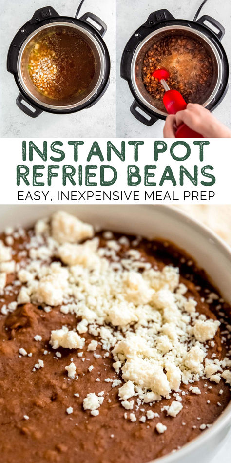 These Instant Pot Refried Beans take less time than traditional refried beans and are significantly healthier than canned refried bean options. Use these step-by-step instructions to easily prepare delicious, healthy refried beans that can be served as a side dish, appetizer, or even a main dish! This inexpensive meal prep recipe is an easy way to stretch your budget without sacrificing taste! Refried Beans Instapot, Refined Beans Recipe, Refried Bean Meals, Refried Beans Recipe Instant Pot, Instapot Refried Beans, Dry Beans In Instant Pot, Charro Beans Instant Pot, Refried Beans Recipe Canned, Inexpensive Meal Prep