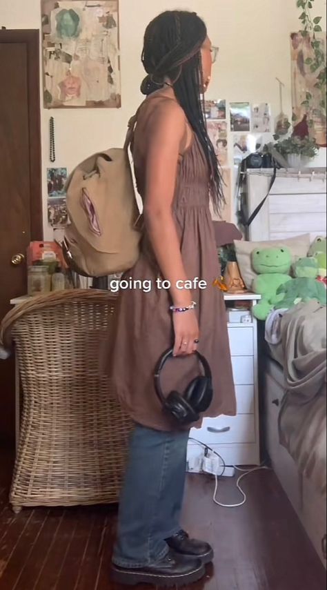 ootd, outfit, fashion, dress, dress over jeans, brown dress, earthy, brown, earty outfits, summer outfit, fall outfit Brown Dress Outfit Aesthetic, Brown Dress Outfit Casual, Dress With Jeans Underneath, Brown Dress Outfit, Brown Dresses Outfit, Dress With Jeans, Dress Over Jeans, Jeans Brown, Dress Jeans