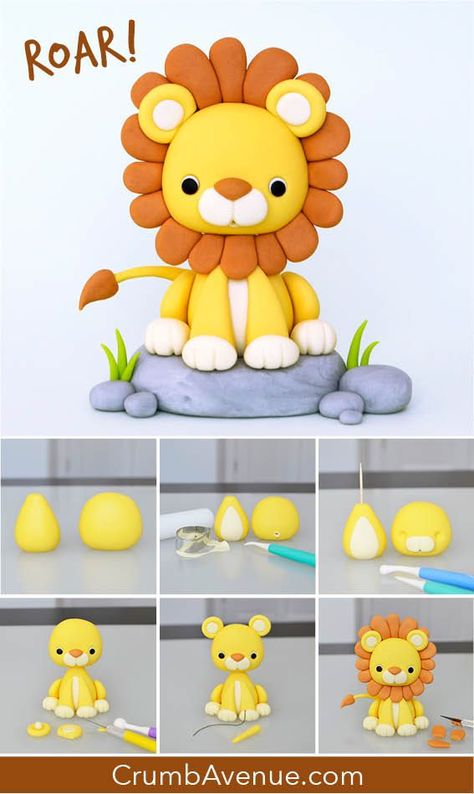 Lion Cake Topper, Lion Cake, Tutorial Origami, Clay Crafts For Kids, Safari Cakes, Fondant Animals, Cake Topper Tutorial, Fondant Cake Toppers, Fondant Tutorial