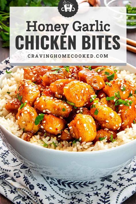 Easy Honey Garlic Chicken Bites that are sticky, sweet and garlicky, perfect to serve over rice. Chicken pieces are dusted in cornstarch, fried to a crispy perfection, then tossed in with an epic honey garlic sauce! #honeygarlic #chickenbites #recipe Honey Garlic Asian Chicken, Sticky Chicken Meal Prep, Garlic Sticky Chicken, Ww Honey Garlic Chicken, Garlic Honey Crispy Chicken Rice Bowl, Honey Garlic Chicken Skillet, Crunchy Honey Garlic Chicken, Chicken Bites With Rice, Honey Chicken With Rice