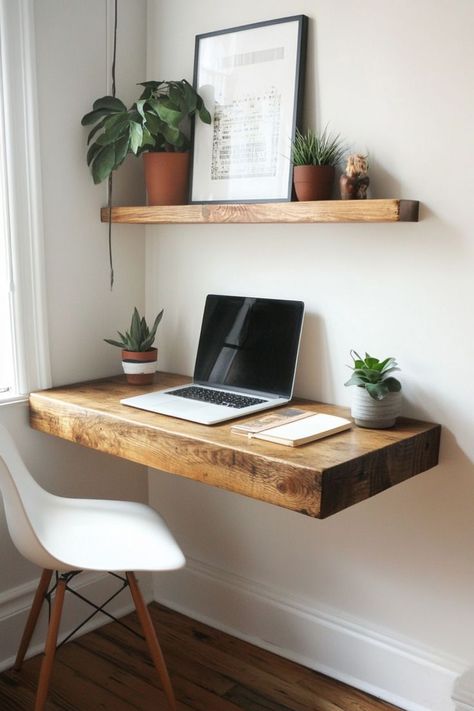 Floating furniture like wall-mounted desks and shelves to keep your small home feeling open and airy. Free up floor space and maintain a clean, uncluttered look. 🖼✨🌿 #FloatingFurniture #SmallHomeDecor #OpenSpaces #MinimalistLiving Over The Desk Shelves, Floating Shelf As Desk, Floating Desk Shelf, Desk With Floating Shelves, Floating Wood Desk, Office And Living Room Combo, Floating Shelves Desk, Shelves Behind Couch, Floating Desk Ideas