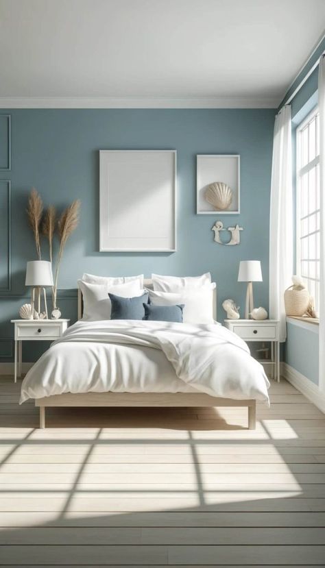 10 Trendy Bedding Colors That Go with Blue Walls 13 Blue Room Designs Bedroom Ideas, Blue Colour Room Ideas, Light Blue Bedroom Accents, Bedroom Pale Blue Walls, Colorful Bedroom Interior Design, Sky Blue Walls Bedroom, Blue And Sand Bedroom, Beach Blue Bedroom, Light Blue Wainscoting Bedroom