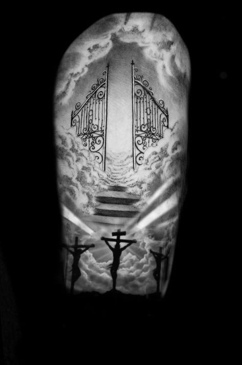 Tattoos Heaven, Heavens Gates Tattoo Design, Staircase Tattoo, Stairs To Heaven Tattoo, In Heaven Tattoo, Made In Heaven Tattoo, Gates Of Heaven Tattoo, Stairway To Heaven Tattoo, Church Tattoo