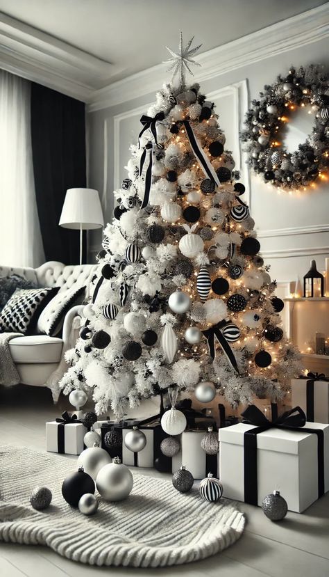 🎄21 Stunning White Christmas Tree Decorating Ideas to Transform Your Holiday Decor!✨ Flocked Christmas Tree Silver, White Christmas Tree With Black Decor, Christmas Decor Ideas Black And White, Black And White Christmas Tree Ideas, White And Black Christmas Tree, Black And White Christmas Decorations, Black Christmas Tree Ideas, Monochromatic Christmas, Batman Christmas