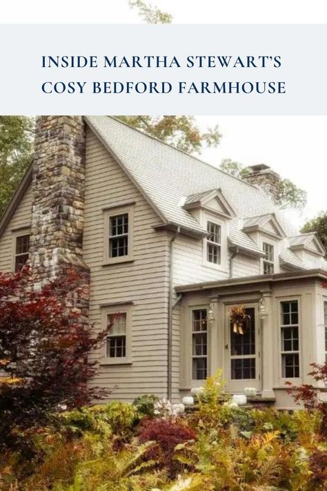 We'd expect nothing less than an elegant homestead with rustic touches from the decorating icon. Tap the link now for a full tour inside Martha Stewart's autumnal farmhouse in Bedford, New York. Historic Home Aesthetic, Bedford New York, New England House, New England Colonial, Colonial Cottage, Martha Stewart Home, New England Farmhouse, Colonial Farmhouse, Stone Chimney