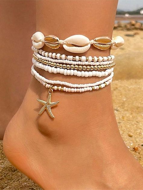 7pcs Bohemian Style Beachy Sea Star, Shell And Rice Bead Elastic Anklet Set, SummerI discovered amazing products on SHEIN.com, come check them out! Beachy Bracelets, Thigh Chain, Surf Jewelry, Preppy Jewelry, Women Anklets, Diy Bracelets Easy, Rice Bead, Handmade Fashion Jewelry, Sea Star