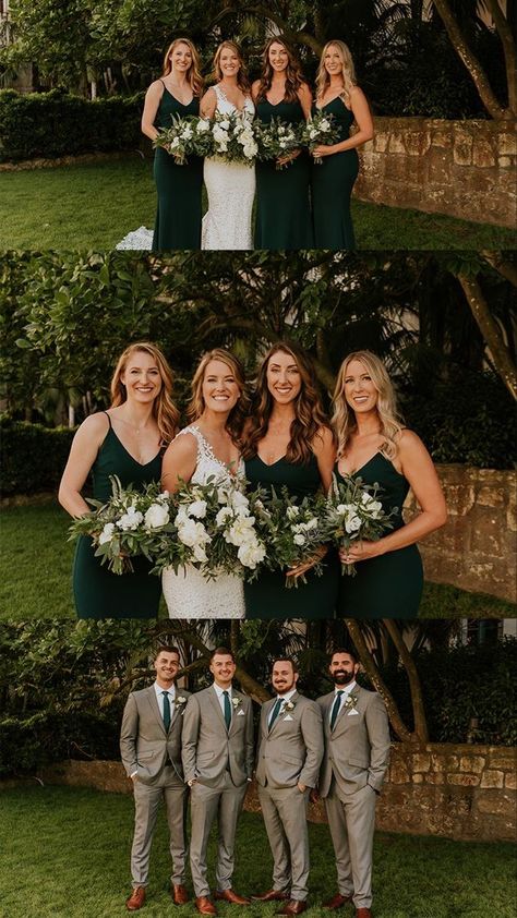 Fall Venues Wedding Ideas, Bridal Party In Green, Forest Green Summer Wedding, Dark Green And Beige Wedding, Emerald And Brown Wedding, Dark Green Summer Wedding, Emerald Green And Tan Wedding, Forest Green Wedding Party, Dark Green Bridal Party