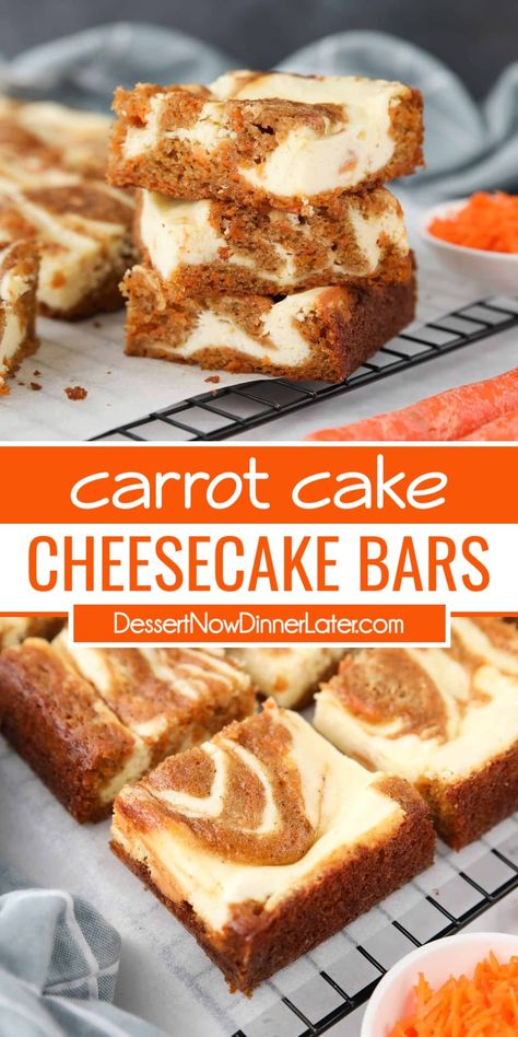 Carrot Cake Cheesecake Bars combine a simple spiced carrot cake with a creamy vanilla cheesecake. The two batters are swirled together to make the most delicious and beautiful marbled carrot cake blondies. Carrot Cake Cheesecake Bars, Carrot Cake Bars Recipe, Spring Sweets, Dessert For Thanksgiving, Spiced Carrot Cake, Autumn Cookies, Carrot Desserts, Chocolate Cube, Bars Dessert