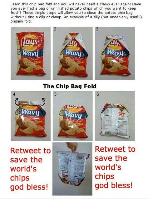 How to close a potato chip bag without clips Chip Bag Folding, Origami Bag, Handy Dandy, Potato Chips, Useful Life Hacks, Kitchen Hacks, Household Hacks, Food Hacks, Mind Blown