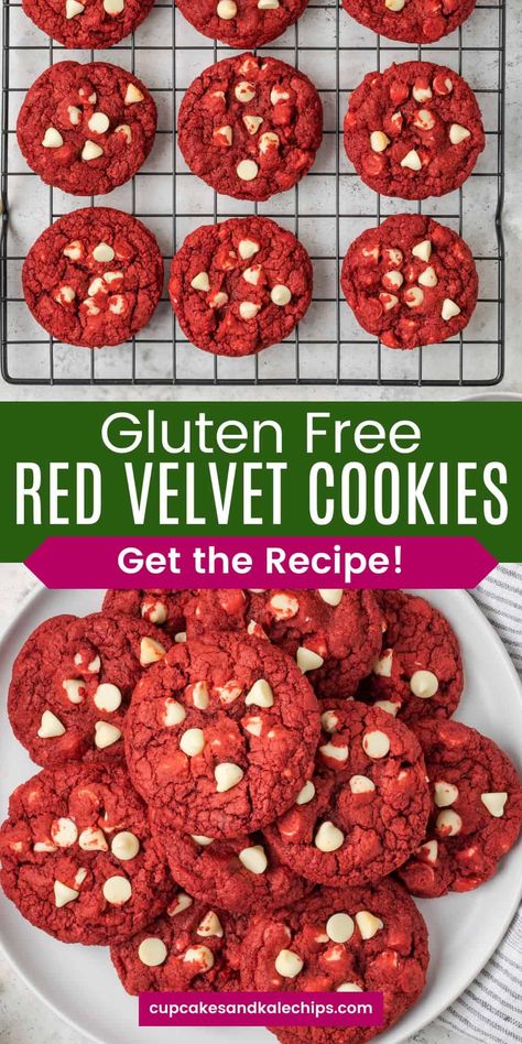 Fall in love with the rich cocoa flavor and stunning red hue of these Gluten-Free Red Velvet Cookies. Simple to make, these treats promise a burst of festive joy in every bite! Gluten Free Red Velvet Cookies, Gluten Free Desserts Fall, Gluten Free Cookies Christmas, Dairy Free Valentines Treats, Gluten Free Valentines Day Desserts, Red Velvet Dairy Free, Red Velvet Cookies Gluten Free, Healthy Red Velvet Cookies, Gluten Free Valentines Day Treats