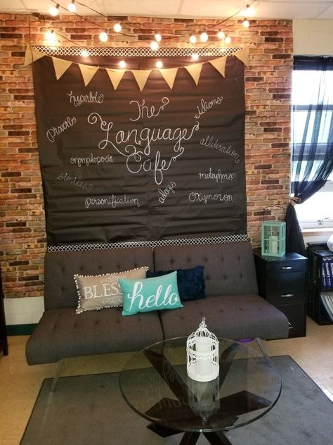 Coffee Themed Classroom Ideas, Cafe Lights In Classroom, Classroom Rustic Decor, Cafe In Classroom, Urban Classroom Decor, Classroom Couch Area, Brick Bulletin Board Ideas, Creative Writing Classroom Decor, Edgar Allen Poe Classroom Decor