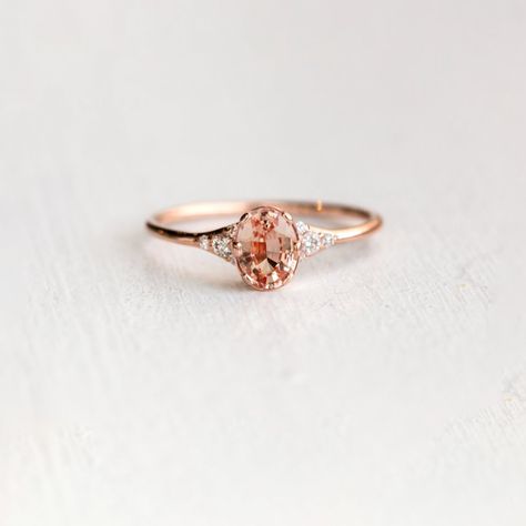 Padparadscha Ring Engagement, Padparadscha Sapphire Ring, Slipper Design, Delicate Fine Jewelry, Oc Aesthetic, Melanie Casey, Handcrafted Engagement Ring, Nature Inspired Engagement Ring, Champagne Pink