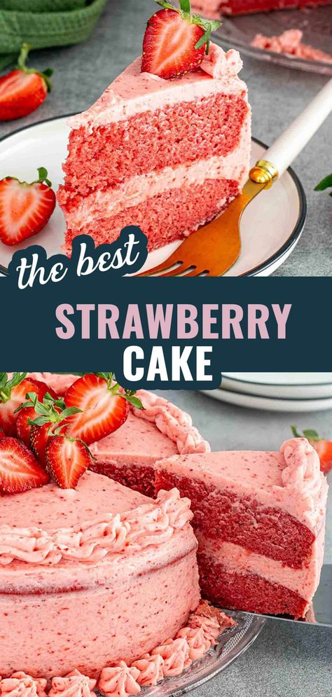 This Homemade Strawberry Cake is bursting with fresh strawberry flavor and topped with a creamy strawberry buttercream. Perfect for any occasion! 🍓🎂 #StrawberryCake #BakingRecipe #DessertIdeas #FreshStrawberries #HomemadeCake From Scratch Strawberry Cake, Best Ever Strawberry Cake, Cake With Strawberry Frosting, Best Strawberry Cake, Strawberry Cake From Scratch, Strawberry Sheet Cakes, Strawberry Layer Cakes, Homemade Strawberry Cake, Strawberry Cake Recipe