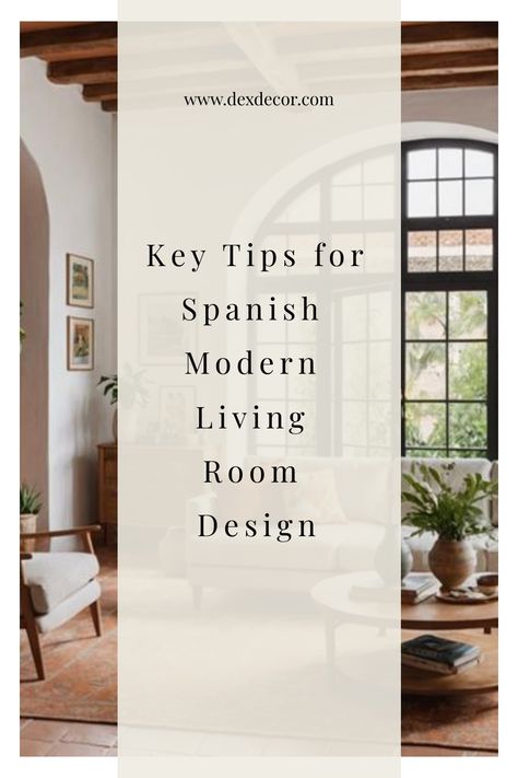 Key tips for Spanish modern living room design featuring large windows, wooden beams, and cozy furniture. Modern Spanish Living Room Interiors, Spanish Revival Window Treatments, Spanish Inspired Interior Design, Modern Spanish Style Homes Interior Living Room, Spanish Style Decorating Ideas, Spanish Colonial Revival Interior, Spanish Farmhouse Living Room, Spanish House Interior Design, Modern Spanish Style Bedroom