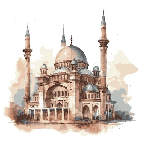 Drawing Of Mosque, Painting Of Mosque, Mosque Watercolor Paintings, Mosque Graphic Design, Islamic Mosque Art, Islamic Watercolor Art, Mosque Drawing Islamic Art, Mosque Painting Islamic Art, Mosque Art Painting