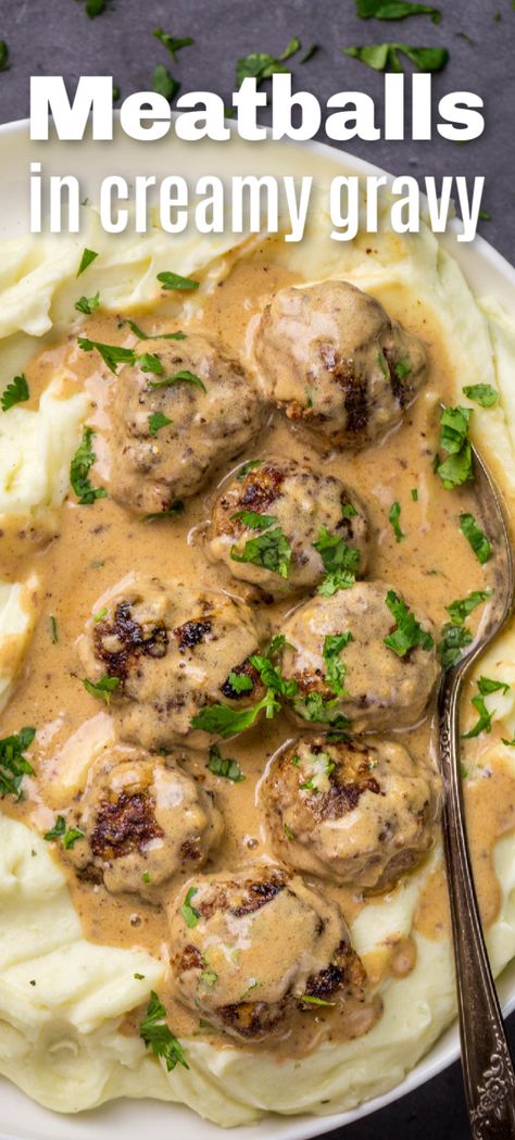 Meatball Gravy Recipe, Meatballs In Cream Sauce, Meatballs In Gravy, Recipe For Swedish Meatballs, Meatballs And Gravy, Over Mashed Potatoes, Meatball Recipes Easy, Meatballs Easy, Homemade Meatballs