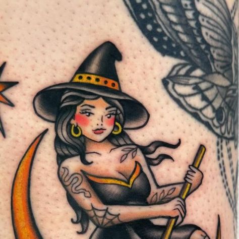 Jennifer Mansell on Instagram: "Spooky pin up witch for Samantha!! 🕸️🖤🎃 Thank you for getting this. Today is the last day of @toledotattoofestival - come on out and get tattooed!" Witch Head Tattoo, Gothic Tattoo Ideas For Women, Witchy Mother Daughter Tattoos, Pumpkin Witch Tattoo, Witch Lady Head Tattoo, Pin Up Witch Tattoo, Halloween Pin Up Tattoo, Witchy Pinup Tattoo, Spooky Woman Tattoo