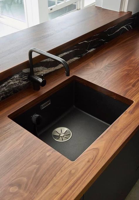 Black Sink Oak Worktop, Dark Wood Kitchen Counter, Dark Kitchen Wooden Worktop, Black Sink Wood Countertop, Black Kitchen Wooden Worktop, Dark Oak Countertop Kitchen, Teak Countertop Kitchen, Wood Benchtop Kitchen, Black Kitchen With Wood Countertop