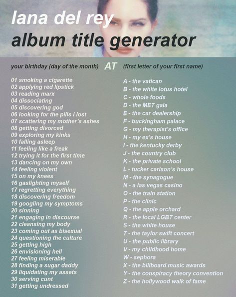 matt on Twitter: "i made a lana del rey album title generator https://t.co/AHS0SZMQbG" / X Lana Del Rey Albums, Title Generator, Lana Del Rey Songs, Song Titles, Therapist Office, Getting Divorced, All Songs, Greatest Songs, Album Songs