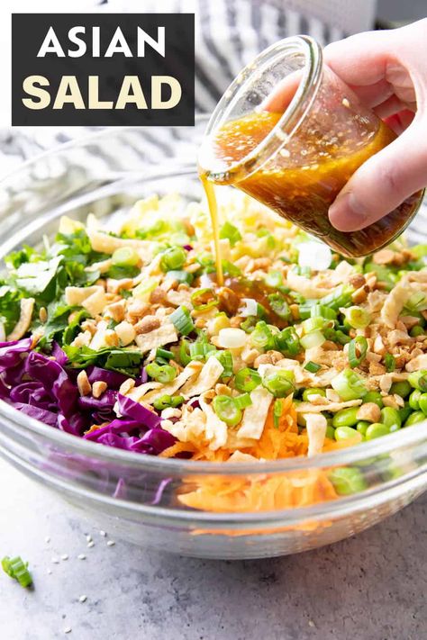 Asian Salad from Beaming Baker. Crunchy, crisp, refreshing and delicious – the best Asian Salad with homemade sesame ginger Asian Dressing topped with honey roasted peanuts and wonton strips! Best Asian Salad, Beaming Baker, Ginger Asian, Asian Chopped Salad, Asian Salad Recipe, Asian Salad Dressing, Asian Coleslaw, Asian Dressing, Asian Chicken Salads