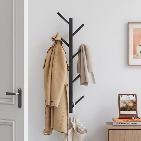 Entry Wall Coat Rack, Coat Rack For Small Spaces, Wall Hooks Ideas Bedroom, Vertical Coat Rack Wall, Coats Entryway, Wall Coat Rack Ideas, Coat Tree Entryway, Coat Hanging Ideas Entryway, Coat Storage Small Space