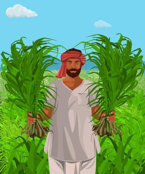 Indian farmer with crops in hand illustr... | Premium Vector #Freepik #vector #indian-farmer #village-people #farmer-cartoon #farmer Farmer Working In Field Drawing, Indian Farmer Illustration, Indian Farmer Drawing, Farmers Illustration, Farmer Pictures, Farmer Image, Farming Drawing, Farmer Drawing, Cartoon Farmer