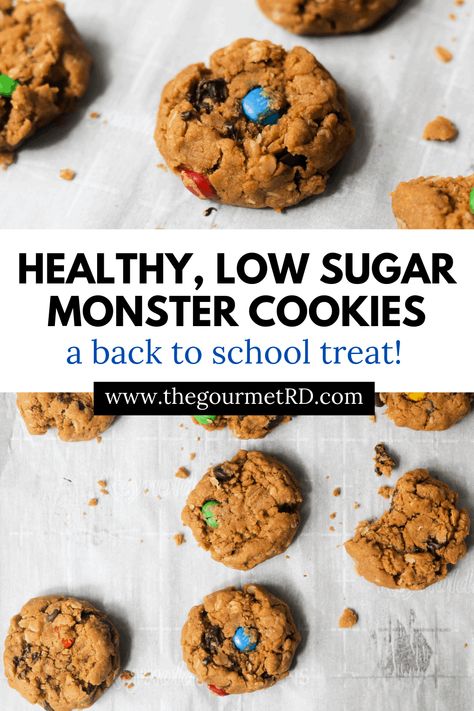 Lower sugar mini monster cookies made with natural peanut butter, oats and dark chocolate. Pretzels and peanuts optional! Healthier Monster Cookies, Healthy Monster Cookies, Culinary Arts Recipes, Low Sugar Treats, Monster Cookies Recipe, Dessert Treats, Healthy Cookie, Peanut Butter Oats, Parasite Cleanse