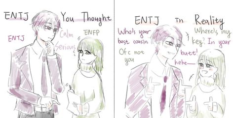 Entj X Enfp, Entj Infp, Entj And Enfp, Mbti Infp, Mbti Fanart, Mbti Intp, Type Personality, Enfp T, Mbti Relationships