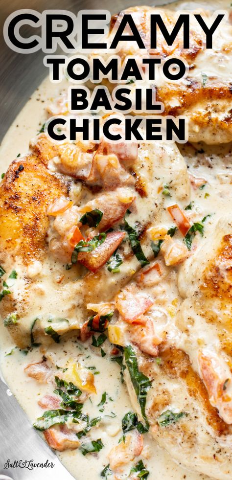 This creamy tomato basil chicken recipe has juicy chicken in a delicious fresh tomato and basil cream sauce with plenty of garlic. It can be yours in about 30 minutes! Tomato Basil Chicken Crockpot, Creamy Tomato Basil Chicken, Tomato Basil Chicken Recipe, Basil Chicken Recipe, Pan Fried Chicken Breast, Easy Skillet Chicken, Elegant Dinners, Tomato Basil Chicken, Dorm Food