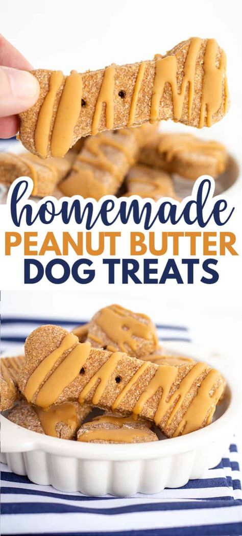 Homemade Peanut Butter Dog Treats - These easy Homemade Peanut Butter Dog Treats will make your peanut butter loving dogs go crazy! They're not only filled with peanut butter, but they have a cute peanut butter coconut oil drizzle on them. They can be frozen to last longer and to keep the peanut butter drizzle firm. #peanutbutterdogtreats #homemadedogtreats #dogtreats #cookiedoughandovenmitt #doglovers Homemade Peanut Butter Dog Treats, Puppy Cookies, Dog Treats Homemade, Dog Cookie Recipes, Pet Treats Recipes, Dog Treats Homemade Easy, Easy Dog Treat Recipes, Dog Biscuit, Dog Biscuit Recipes