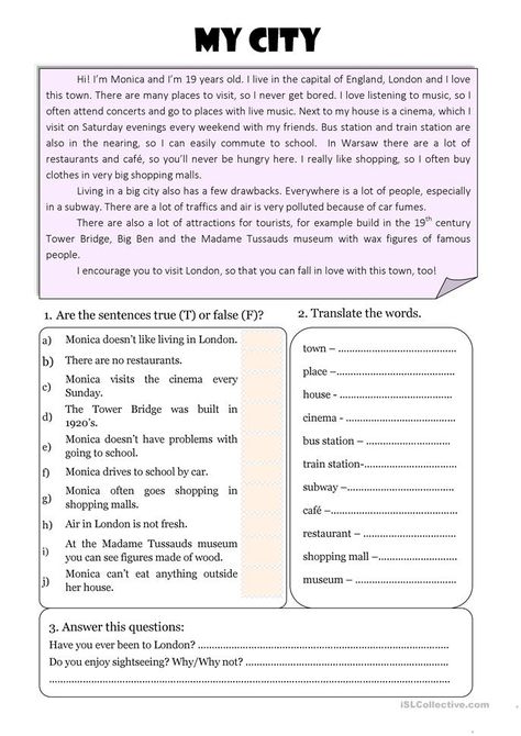 My town - reading + vocabulary - English ESL Worksheets for distance learning and physical classrooms English Reading Skills, Reading Skills Worksheets, Elementary Reading Comprehension, Esl Reading Comprehension, Elementary Worksheets, Esl Reading, Reading Vocabulary, Vocabulary Exercises, Reading Comprehension Lessons