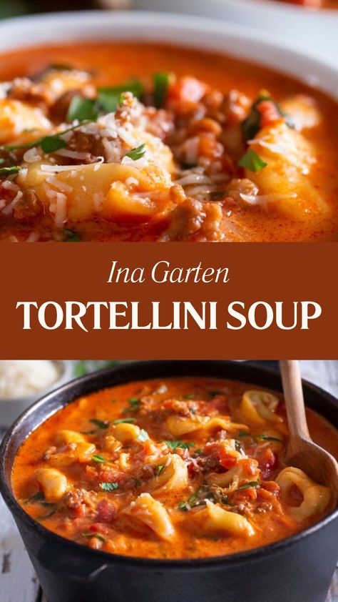 Ina Garten Tortellini Soup Fall Crockpot Soups, Crockpot Soups And Stews, Tortellini Soup Crockpot, Italian Sausage Tortellini Soup, Flour Chicken, Ina Garden, Crockpot Soups, Sausage Tortellini Soup, Tomato Tortellini Soup