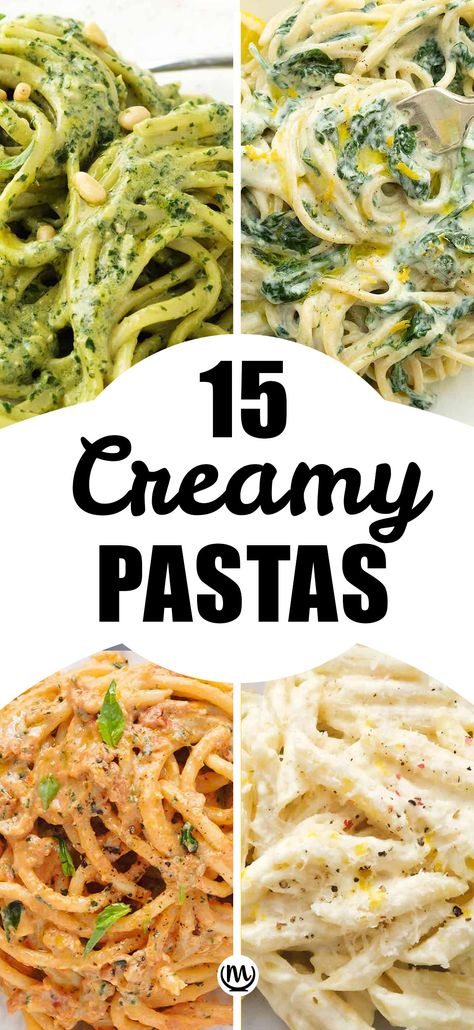 Close-up of four different creamy pasta recipes. Meat Pasta Recipes, Easy Pasta Dinner Recipes, Cheesy Pasta Recipes, Types Of Pasta, Cake Pizza, Quick Pasta Recipes, Creamy Pasta Recipes, Easy Pasta Dinner, Dinner Recipies