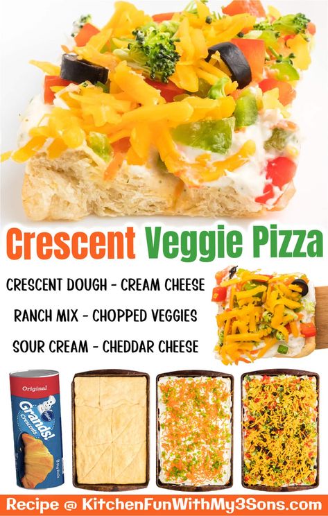 Crescent Roll Veggie Pizza, Veggie Pizza Appetizer, Cold Veggie Pizza, Vegetable Pizza Recipes, Veggie Bars, Veggie Pizza Recipe, Crescent Roll Pizza, Pizza Appetizers, Crescent Recipes